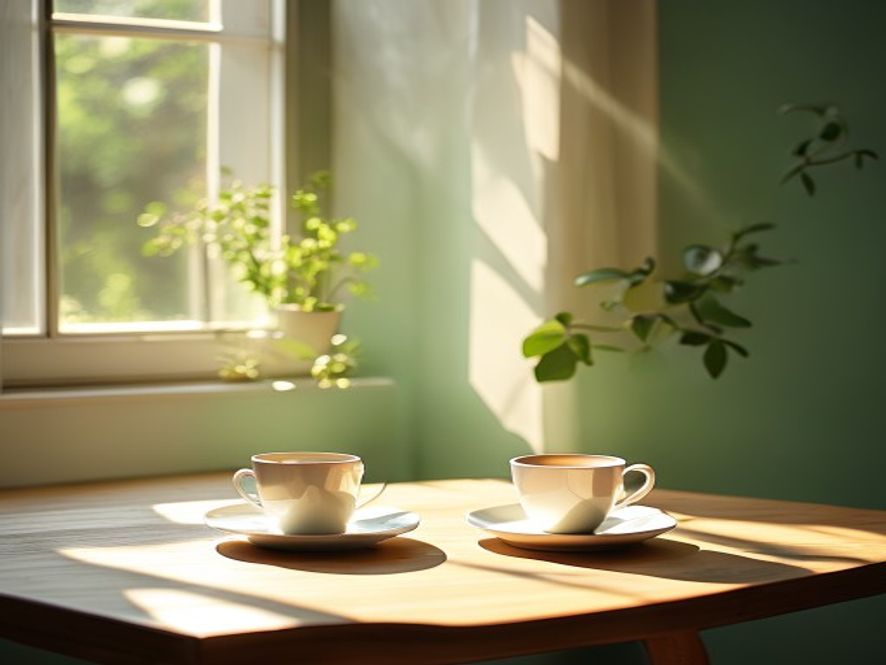 Sunlit room with morning coffee and notebook