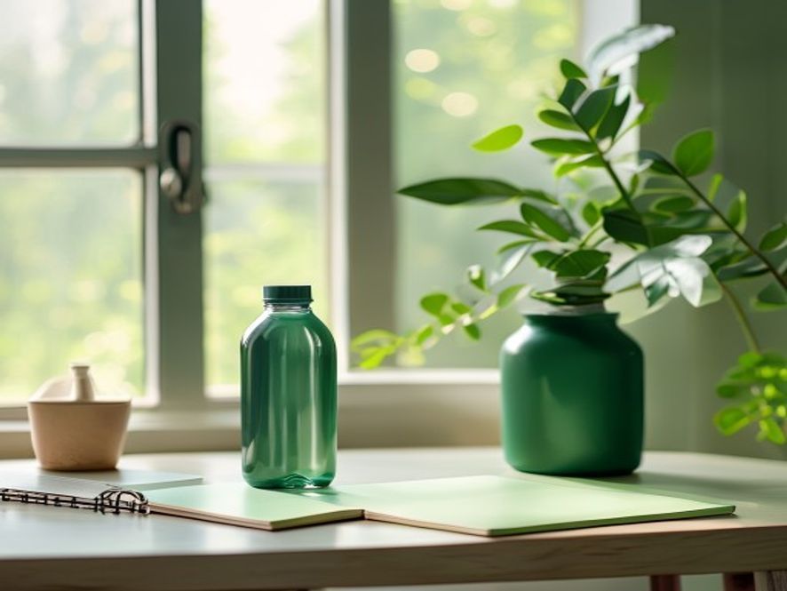 Workspace with water glass and plant by window